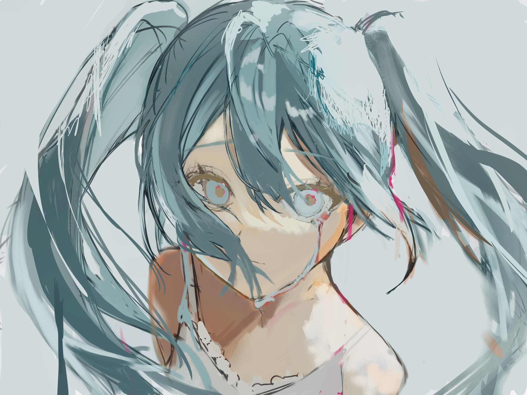 skull 08, hatsune miku, vocaloid, highres, 1girl, aqua eyes, aqua hair, bare shoulders, blue eyes, blue hair, closed mouth, crying, crying with eyes open, dress, grey background, hair between eyes, long hair, looking at viewer, simple background, sleeveless, solo, tears, twintails, upper body, white dress