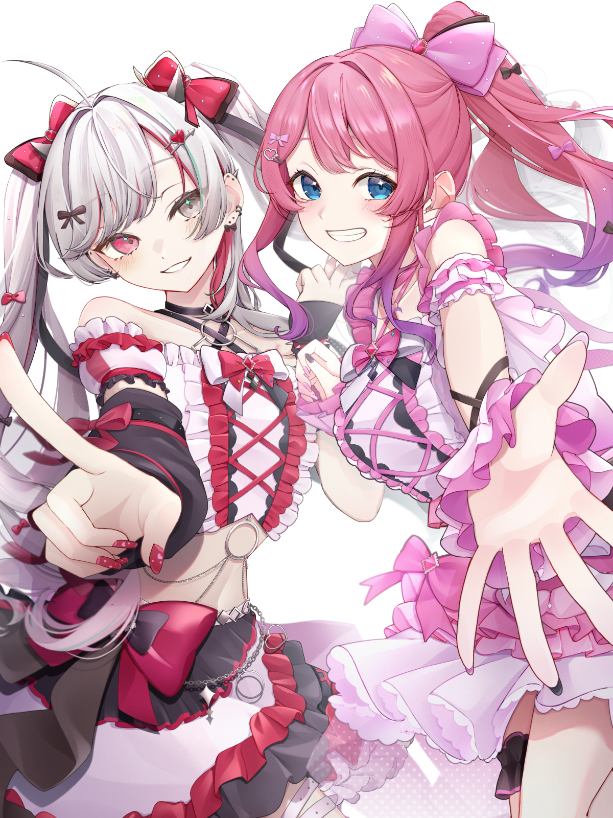yu-ki (user dttw2327), ishigami nozomi, kuramochi meruto, nijisanji, highres, 2girls, blue eyes, bow, detached sleeves, ear piercing, frills, gradient hair, grey eyes, grey hair, hair bow, hair ornament, heterochromia, long hair, looking at viewer, multicolored hair, multiple girls, nail polish, piercing, pink eyes, pink hair, pointing, ponytail, purple hair, red eyes, red nails, skirt, smile, streaked hair, twintails, virtual youtuber