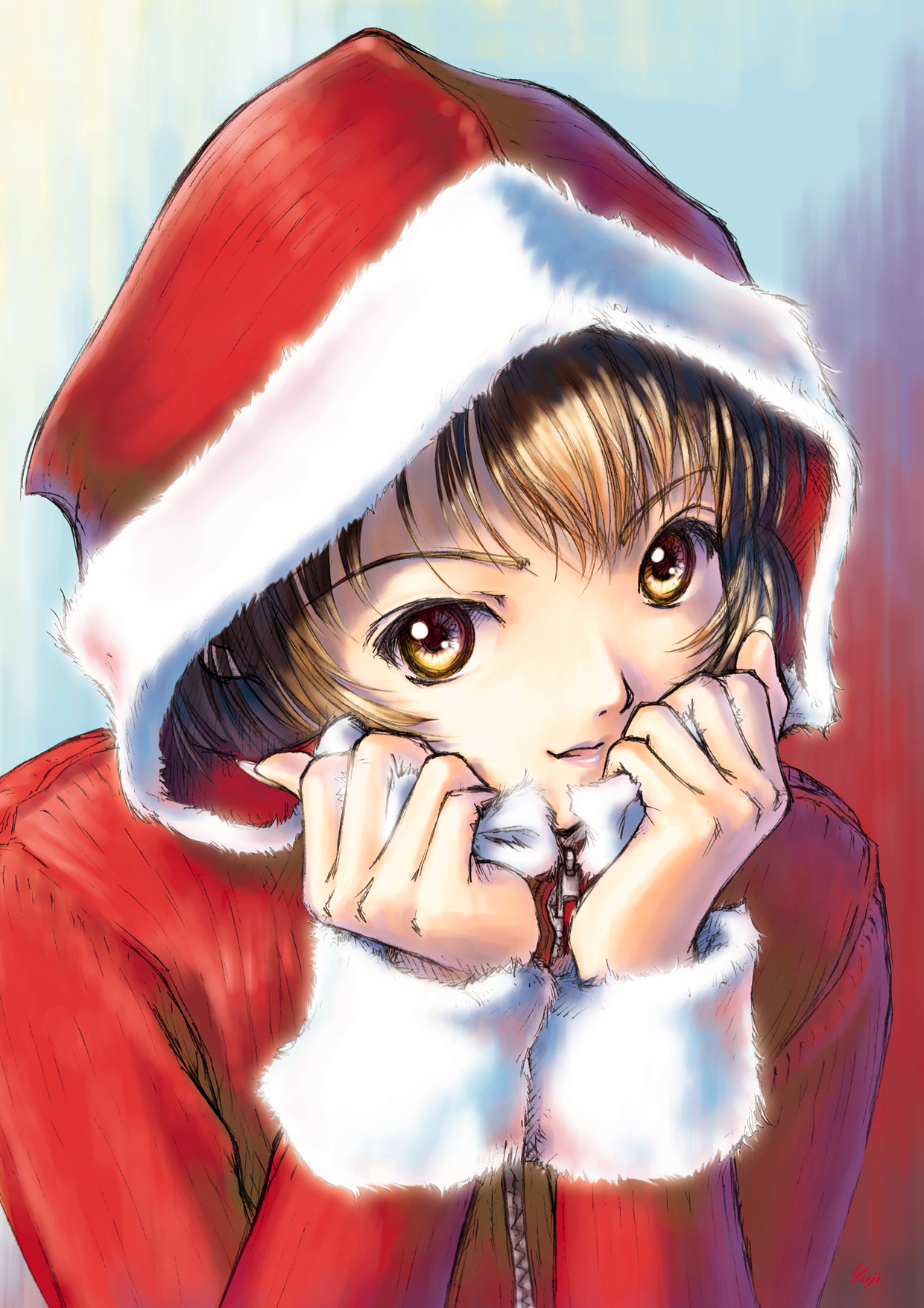 kobayashi yuji, original, highres, 1girl, :d, artist name, brown hair, christmas, coat, female focus, fingernails, fur trim, hood, long fingernails, looking at viewer, open mouth, santa costume, signature, sketch, smile, solo, upper body, yellow eyes, zipper