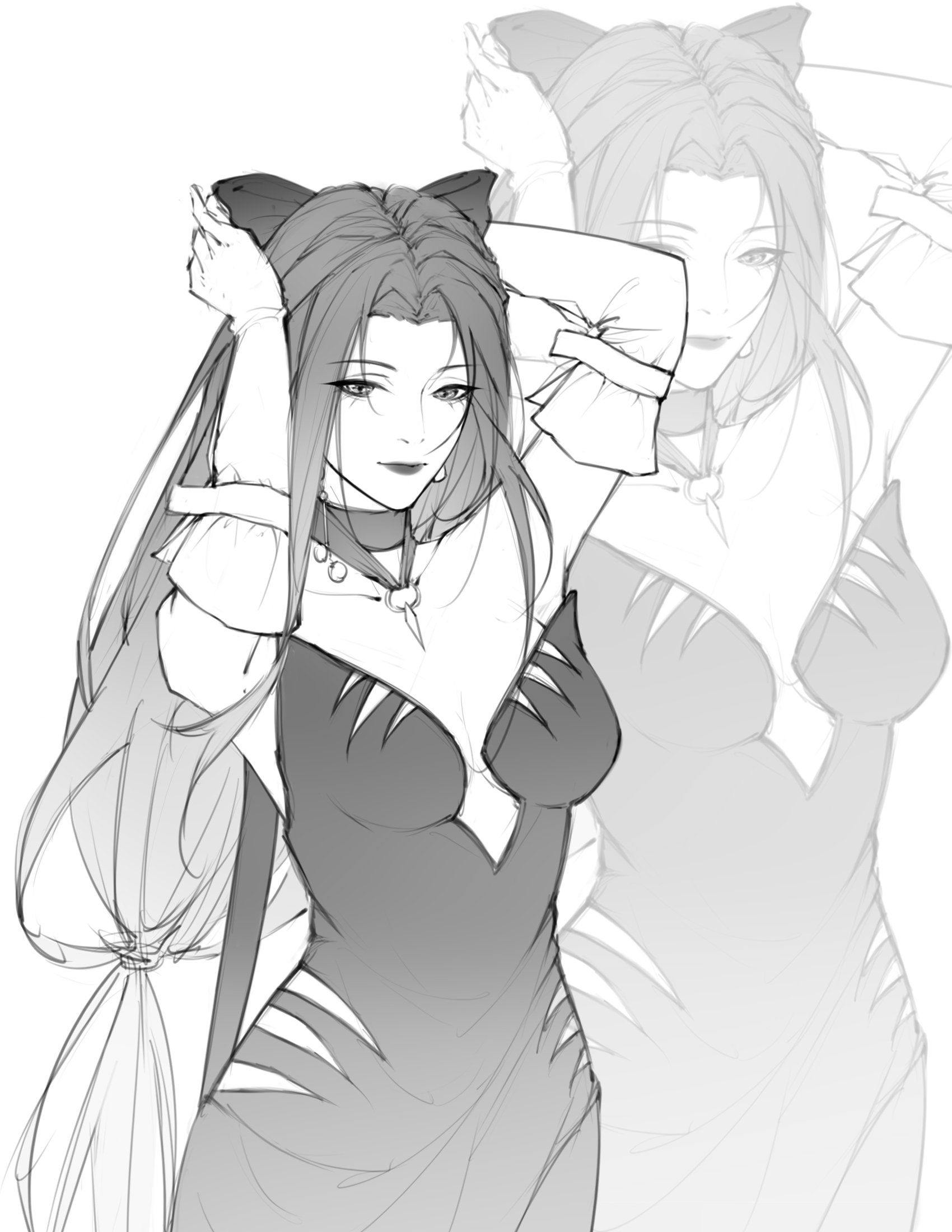 angell (path to nowhere), path to nowhere, chinese commentary, commentary request, highres, 1girl, adjusting hair ornament, alternate costume, arms up, bow, breasts, cleavage, collarbone, curtained hair, detached collar, dress, earrings, elbow gloves, forehead, gloves, greyscale, hair bow, jewelry, long hair, looking at viewer, low-tied long hair, midwinterletter, monochrome, parted bangs, simple background, smile, solo, strapless, strapless dress, very long hair, zoom layer