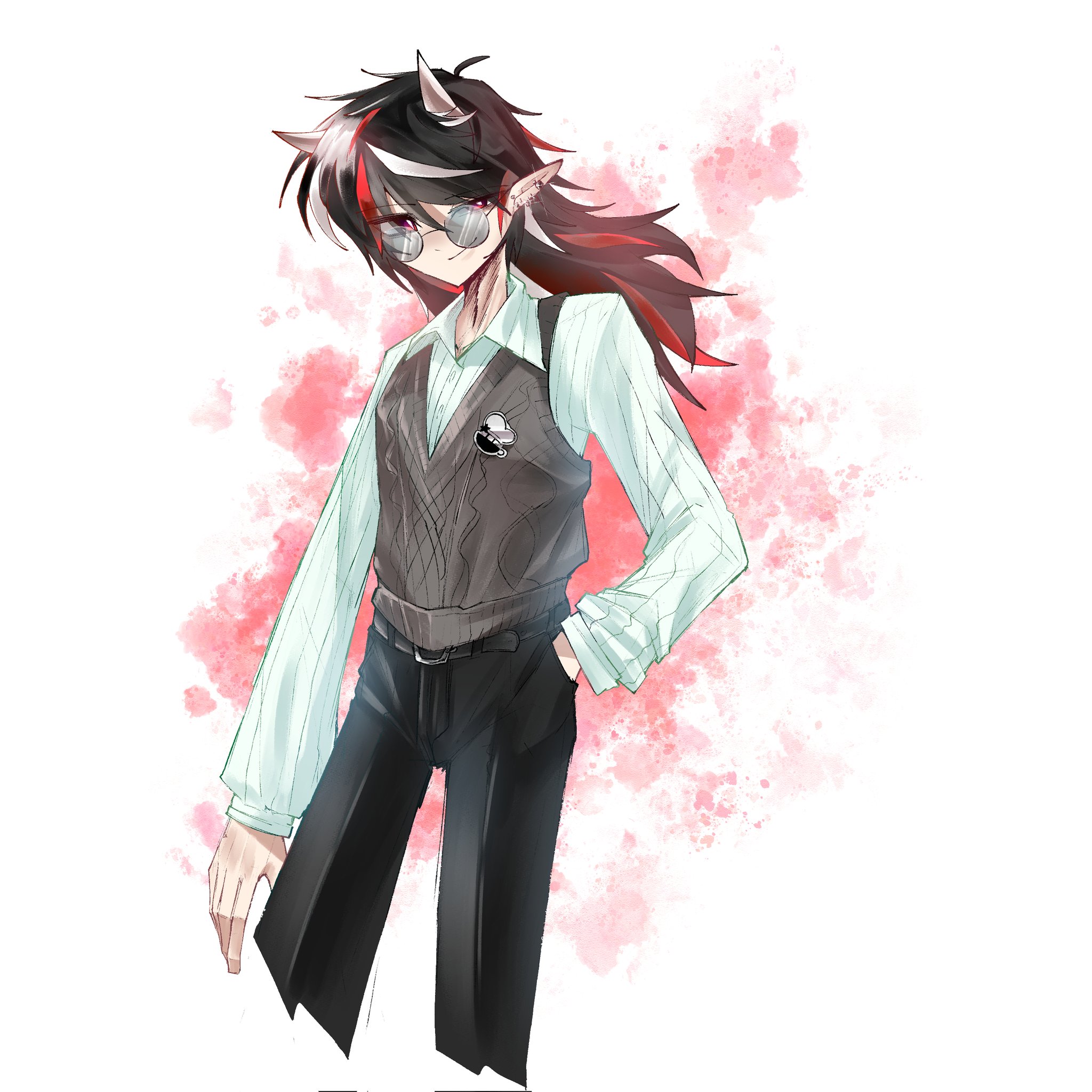 3rdeye suki, kijin seija, touhou, highres, 1girl, alternate costume, alternate hair length, alternate hairstyle, black hair, black pants, closed mouth, collared shirt, ear piercing, earrings, hair between eyes, hand in pocket, horns, jewelry, long hair, looking at viewer, multicolored hair, pants, piercing, pointy ears, red hair, round eyewear, shirt, smile, solo, striped clothes, striped shirt, sunglasses, vest, white hair, white shirt