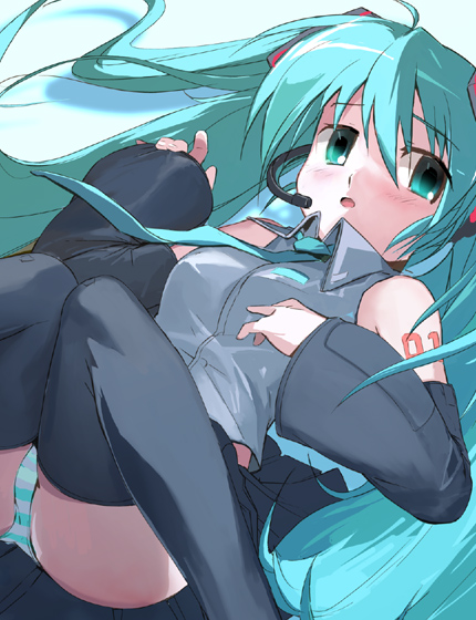 misagi nagu, hatsune miku, vocaloid, green eyes, green hair, lying, necktie, panties, solo, striped clothes, striped panties, thighhighs, twintails, underwear