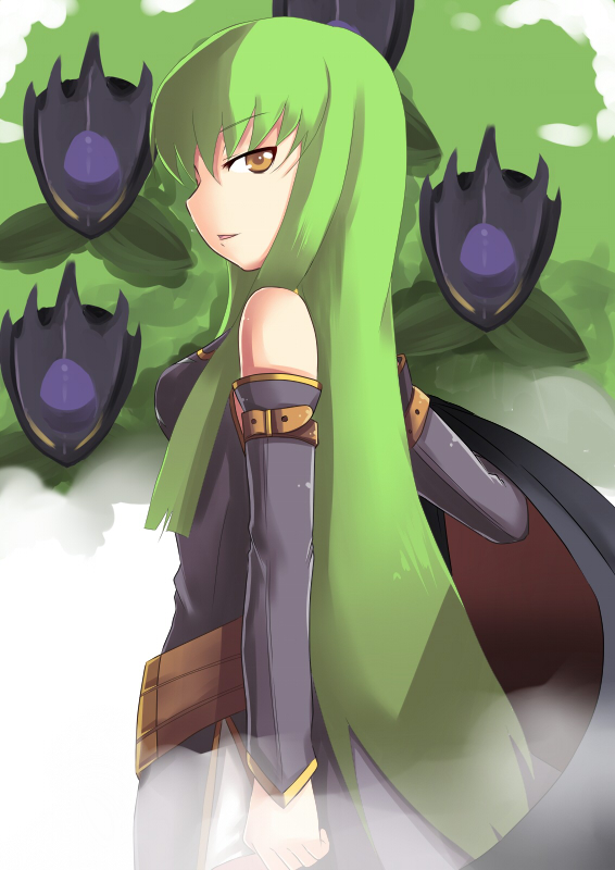 johnny funamushi, c.c., code geass, 00s, 1girl, arm belt, belt, black dress, buckle, cape, detached sleeves, dress, female focus, from behind, green hair, long hair, long sleeves, looking at viewer, looking back, solo, very long hair, yellow eyes