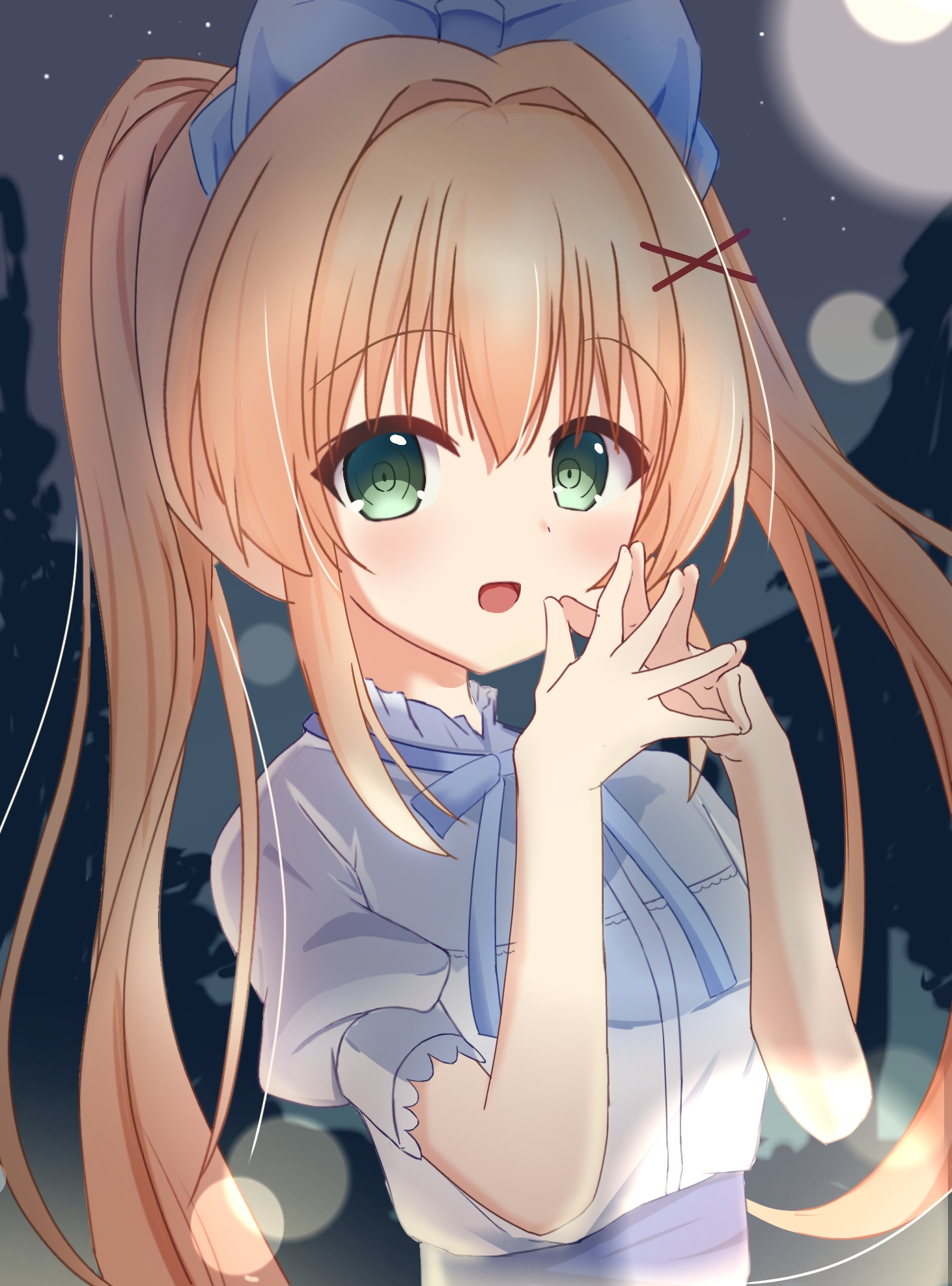 user jvdy4345, tsumugi wenders, summer pockets, commentary, highres, 1girl, :d, blonde hair, blue bow, blue ribbon, blush, bow, eyes visible through hair, green eyes, hair between eyes, hair bow, hair intakes, hair ornament, hands up, long hair, looking at viewer, neck ribbon, night, official alternate costume, open mouth, outdoors, own hands together, puffy short sleeves, puffy sleeves, ribbon, ringed eyes, shirt, short sleeves, sidelocks, smile, solo, steepled fingers, twintails, underlighting, upper body, very long hair, white shirt, x hair ornament