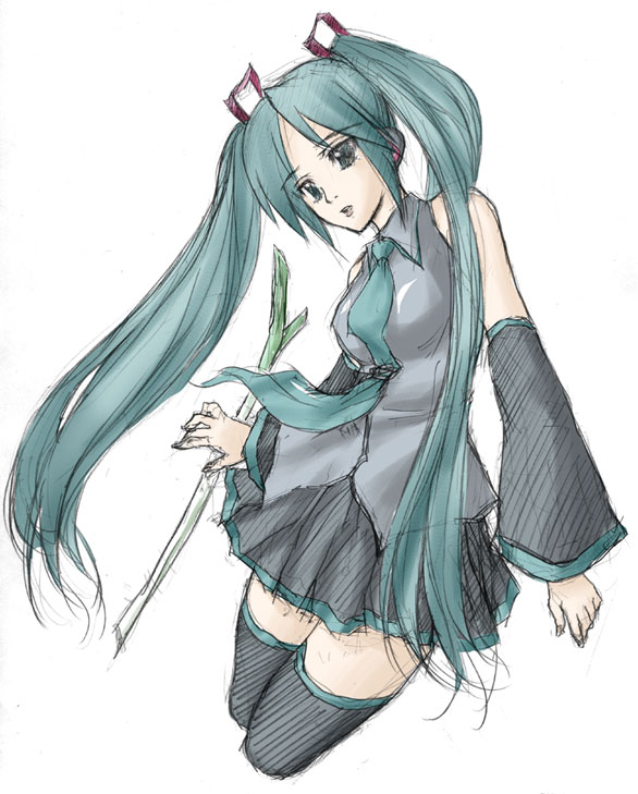 nekoshiki, hatsune miku, vocaloid, sketch, solo, spring onion, thighhighs, twintails, zettai ryouiki