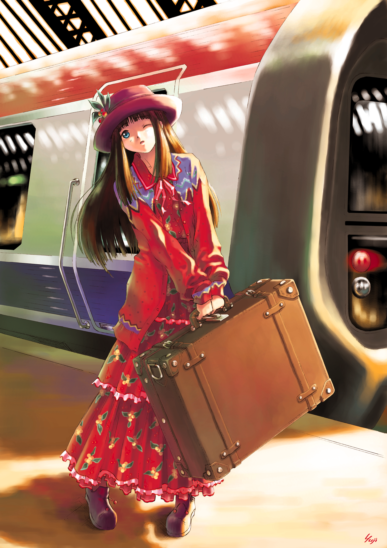 kobayashi yuji, vehicle, highres, 1girl, artist name, female focus, full body, hat, long hair, one eye closed, solo, standing, suitcase, train, train station