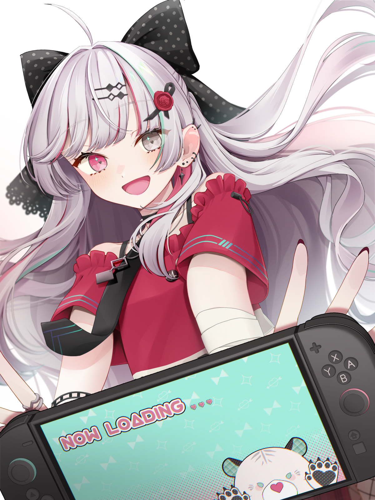 yu-ki (user dttw2327), ishigami nozomi, ishigami nozomi (1st costume), nijisanji, highres, 1girl, black necktie, bow, controller, game controller, grey eyes, grey hair, hair bow, hair ornament, handheld game console, heterochromia, holding, long hair, multicolored hair, necktie, nintendo switch, off shoulder, polka dot, polka dot bow, red nails, red shirt, shirt, short sleeves, solo, steam deck, virtual youtuber