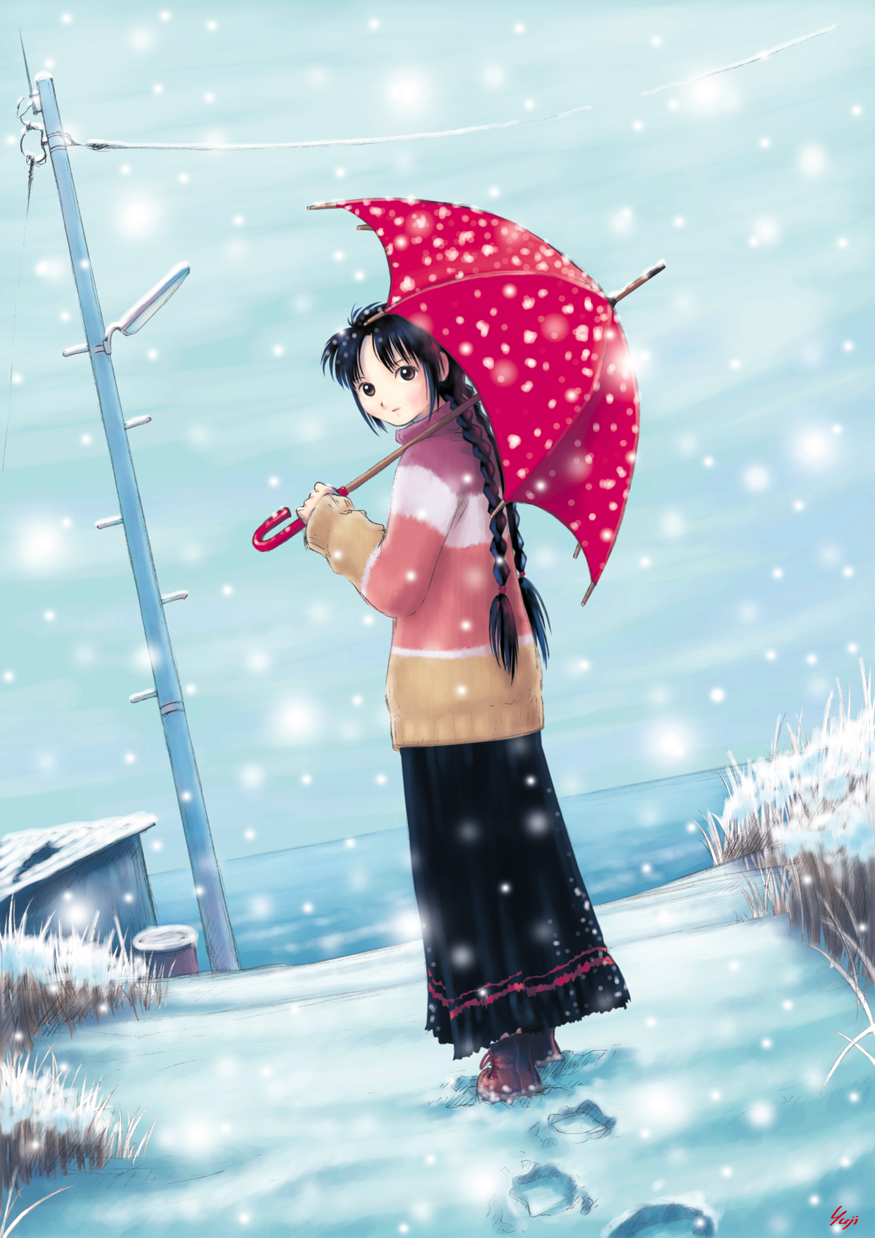 kobayashi yuji, highres, 1girl, artist name, braid, dress, female focus, footprints, holding, looking at viewer, looking back, outdoors, skirt, snow, snowing, solo, sweater, twin braids, umbrella