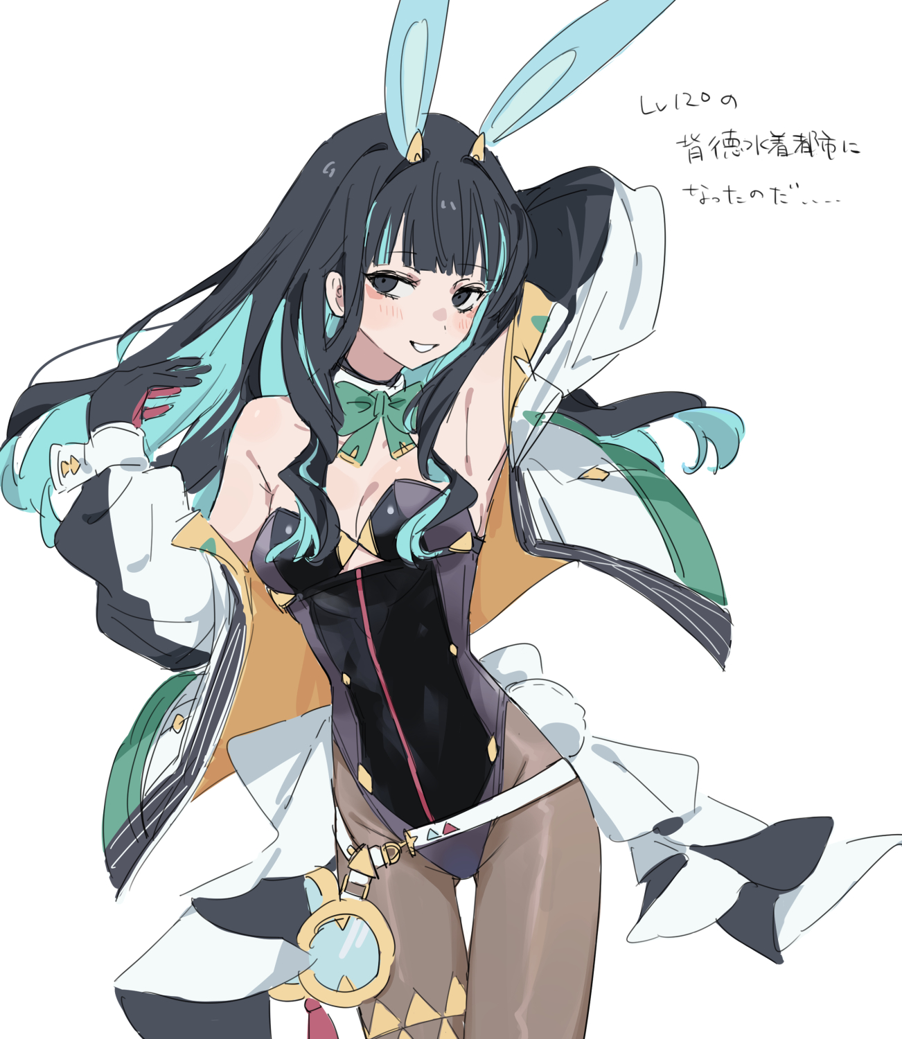 kaigan0211, tenochtitlan (fate), tenochtitlan (swimsuit mooncancer) (third ascension) (fate), fate/grand order, fate (series), tenochtitlan (swimsuit mooncancer) (fate), highres, 1girl, animal ears, black hair, black leotard, blue hair, breasts, brown pantyhose, cleavage, colored inner hair, eyeliner, gold jacket, green ribbon, grey eyes, highleg, highleg leotard, jacket, leotard, looking at viewer, makeup, multicolored hair, multicolored jacket, multicolored leotard, off shoulder, pantyhose, playboy bunny, rabbit ears, ribbon, smile, solo, two-sided gloves, two-tone jacket, wavy hair, yellow jacket