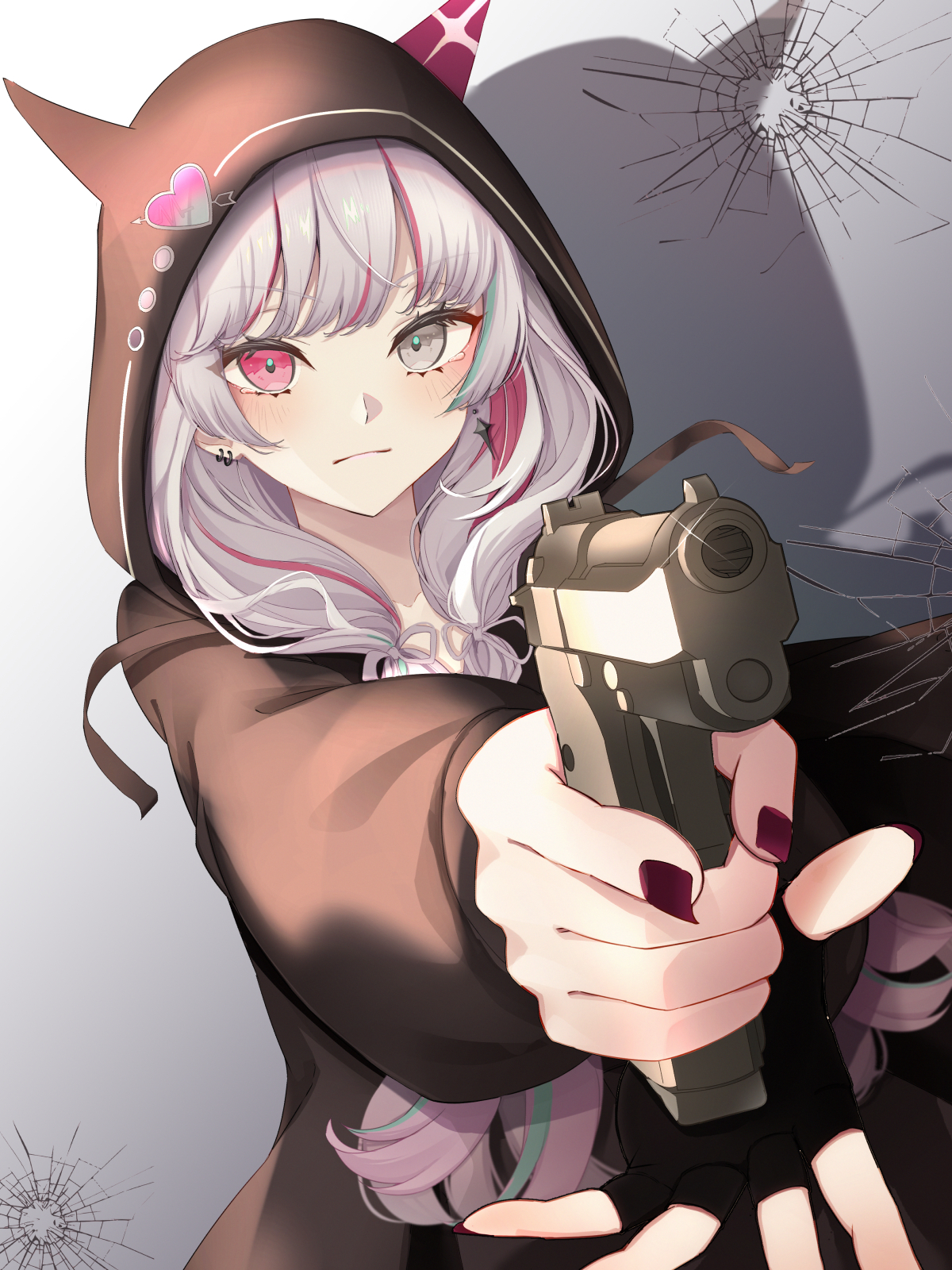 yu-ki (user dttw2327), ishigami nozomi, ishigami nozomi (2nd costume), nijisanji, highres, 1girl, aiming, aiming at viewer, animal hood, blush, bullet hole, closed mouth, crack, earrings, finger on trigger, grey eyes, grey hair, gun, handgun, heart, heterochromia, holding, holding gun, holding weapon, hood, hood up, hooded jacket, hoodie, jacket, jewelry, long hair, long sleeves, looking at viewer, multicolored hair, nail polish, pink eyes, pink hair, solo, streaked hair, upper body, virtual youtuber, weapon