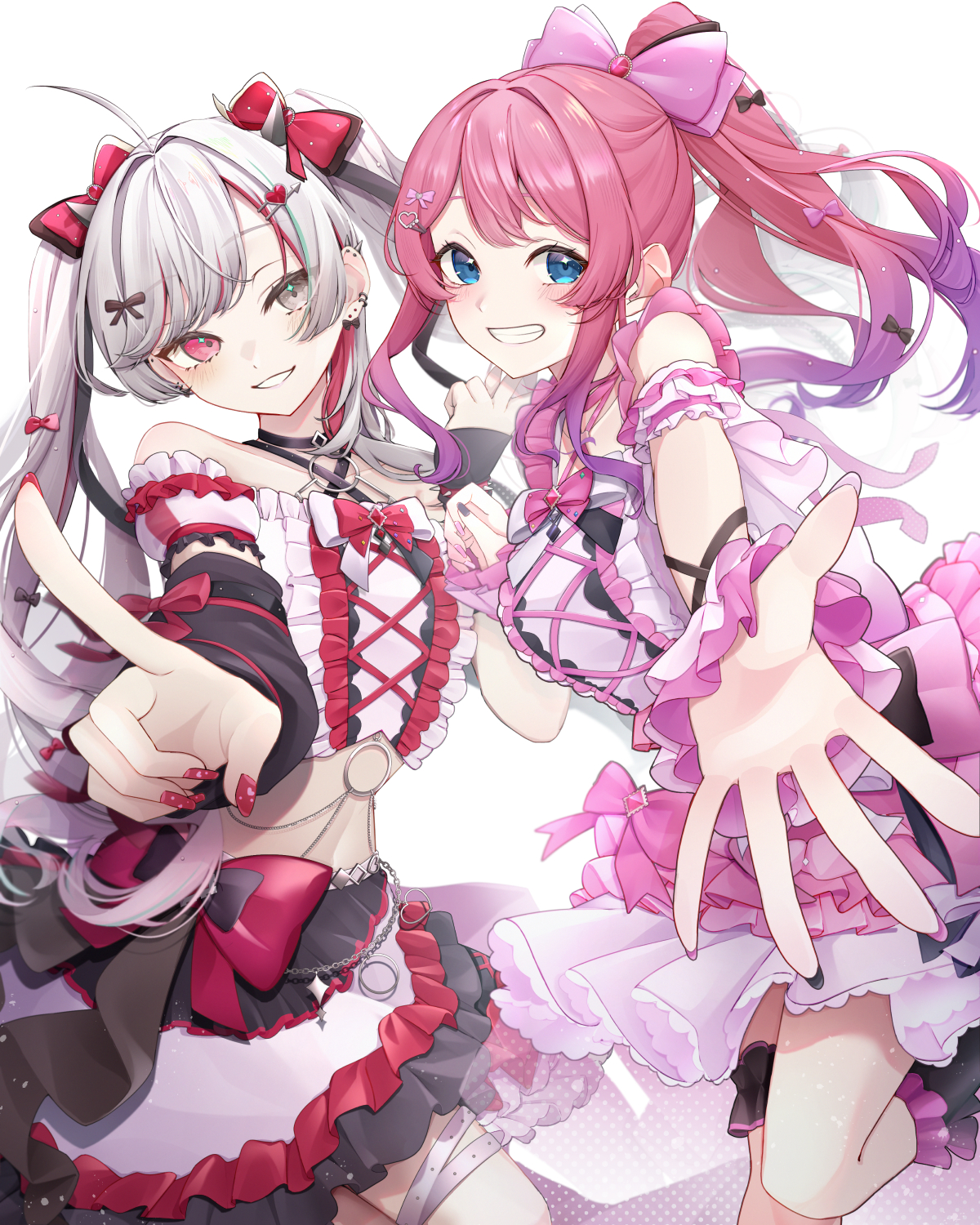 yu-ki (user dttw2327), ishigami nozomi, kuramochi meruto, nijisanji, highres, 2girls, ahoge, blue eyes, bow, detached sleeves, dress, ear piercing, frills, gradient hair, grey eyes, grey hair, hair bow, heterochromia, holding hands, long hair, multicolored hair, multiple girls, nail polish, piercing, pink eyes, pink hair, ponytail, purple hair, red nails, skirt, smile, streaked hair, twintails, virtual youtuber