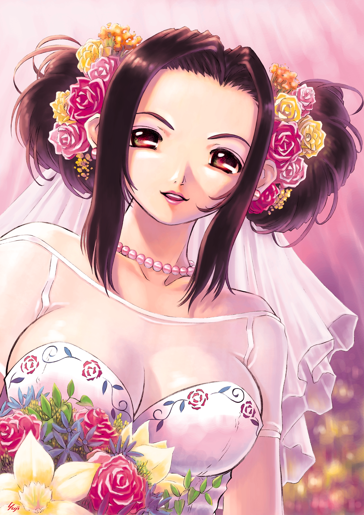 kobayashi yuji, highres, 1girl, :d, artist name, bare shoulders, beads, black hair, bouquet, breasts, bridal veil, cleavage, double bun, dress, female focus, floral print, flower, hair bun, hair flower, hair ornament, jewelry, large breasts, lipstick, looking at viewer, makeup, necklace, off shoulder, open mouth, parted bangs, pearl necklace, red eyes, rose, see-through clothes, short hair, sideboob, signature, smile, solo, upper body, veil, wedding dress