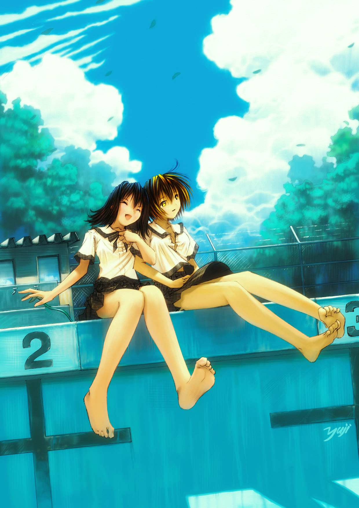 kobayashi yuji, light, highres, > <, 2girls, :d, artist name, barbed wire, bare legs, barefoot, chain-link fence, closed eyes, cloud, empty eyes, empty pool, feet, female focus, fence, laughing, legs, locked arms, multiple girls, neckerchief, no bra, open clothes, open mouth, open shirt, outdoors, pool, poolside, school uniform, serafuku, shadow, shirt, side-by-side, sitting, skirt, smile, soles, toes, tree