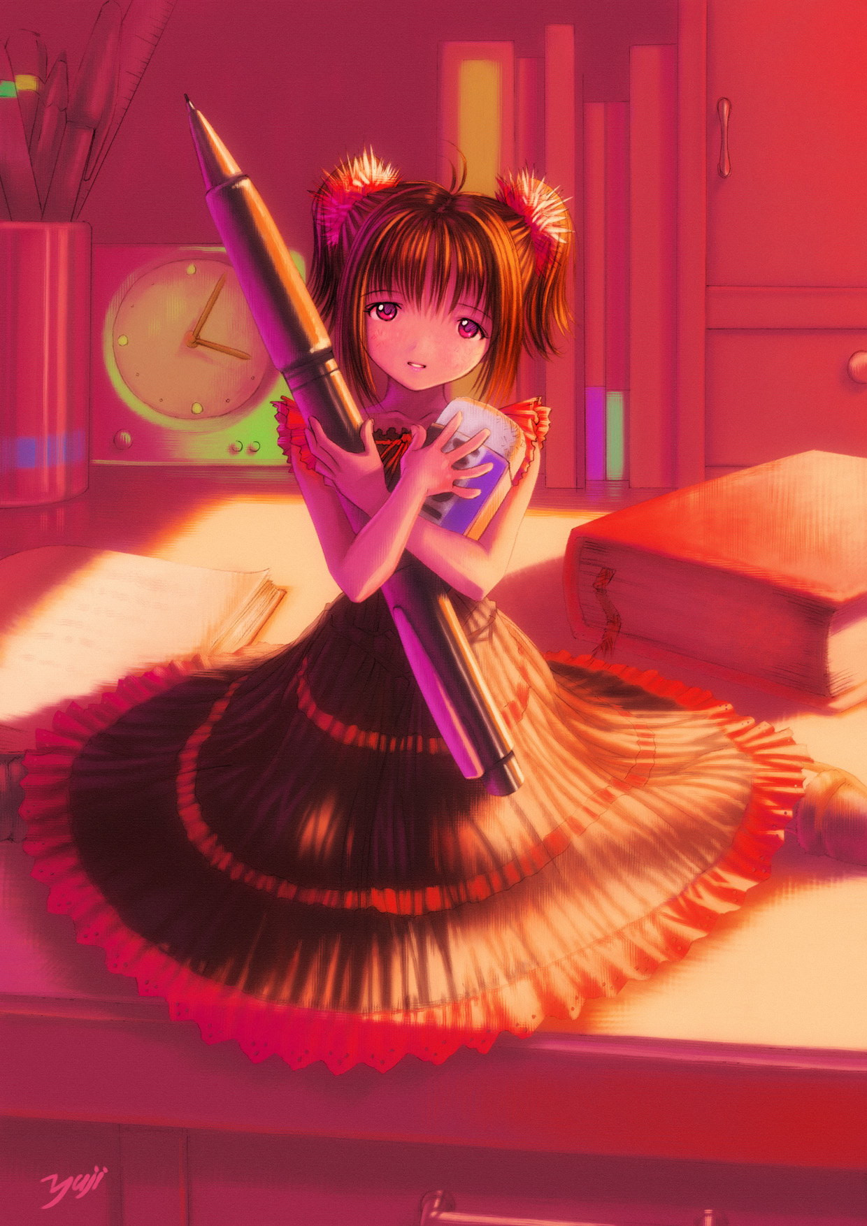 kobayashi yuji, highres, 1girl, artist name, book, clock, dress, eraser, female focus, hair ornament, indoors, looking at viewer, mechanical pencil, mini person, minigirl, pencil, sitting, solo, twintails, wariza