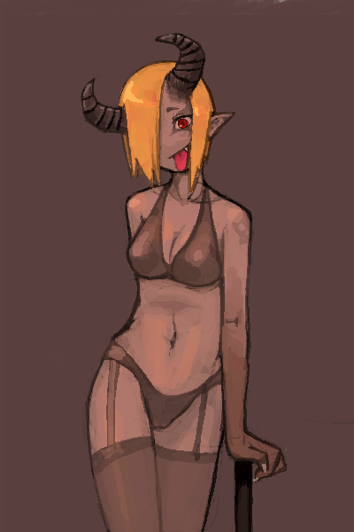 oguchi, 1girl, bra, demon girl, female focus, horns, lingerie, panties, solo, thighhighs, tongue, underwear, underwear only