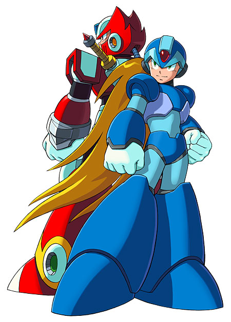 x (mega man), zero (mega man), capcom, mega man (series), mega man x (series), official art, 2boys, back-to-back, blonde hair, clenched hands, closed mouth, full body, green eyes, helmet, long hair, multiple boys, ponytail, sheath, sheathed, simple background, smile, standing, sword, very long hair, weapon, weapon on back, white background