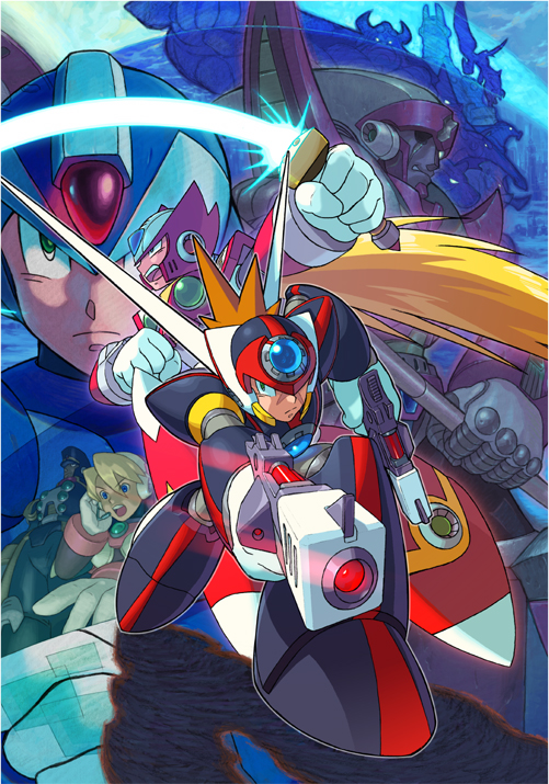 alia (mega man), axl (mega man), red (mega man x), signas (mega man), x (mega man), zero (mega man), capcom, mega man (series), mega man x7, mega man x (series), official art, 1girl, 6+boys, blue eyes, dual wielding, energy sword, forehead jewel, gem, green eyes, gun, handgun, headset, helmet, holding, long hair, multiple boys, red alert (mega man), red hair, red theme, sword, weapon