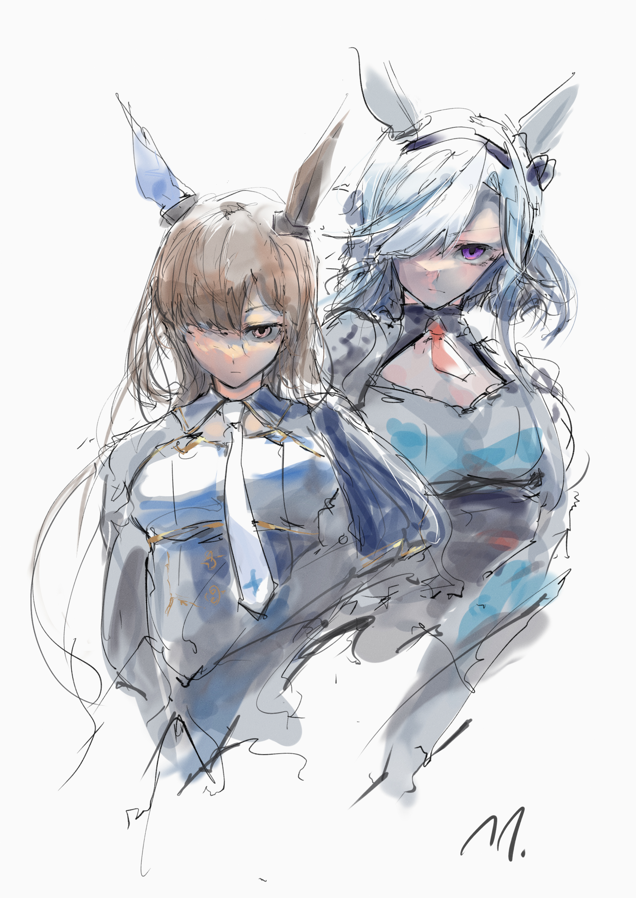 ringring (artist), admire groove (umamusume), admire vega (umamusume), umamusume, absurdres, commentary, highres, medium request, 2girls, animal ears, blue capelet, blue hair, brown eyes, brown hair, capelet, ear covers, gold trim, hair over one eye, hairband, horse ears, horse girl, long hair, loose hair strand, multiple girls, necktie, off-shoulder capelet, purple eyes, red necktie, short necktie, sidelocks, single ear cover, sketch, star (symbol), star print, white necktie
