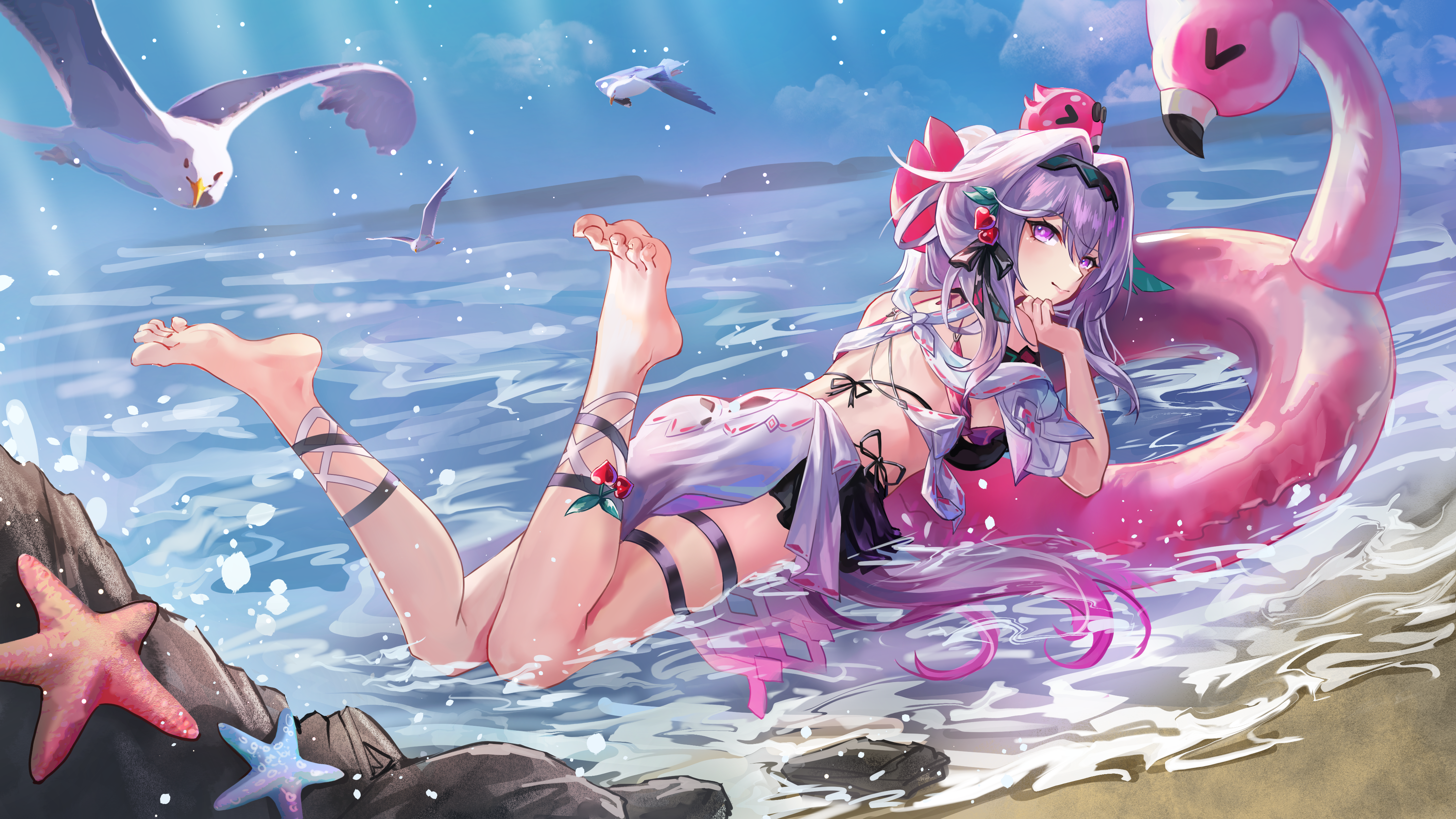 henjiwumei, thelema nutriscu, honkai (series), honkai impact 3rd, absurdres, commentary request, highres, 1girl, afloat, ass, beach, bikini, bird, black bikini, blue sky, breasts, hair intakes, large breasts, legs up, long hair, ocean, official alternate costume, outdoors, pink innertube, purple eyes, seagull, sky, solo, starfish, swimsuit, thelema nutriscu (roseate summer), thigh strap, thighs, toes, white hair