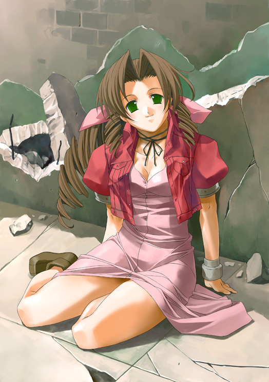 akaten, aerith gainsborough, final fantasy, final fantasy vii, 1990s (style), 1girl, bow, brown hair, cropped jacket, dress, female focus, green eyes, jacket, long hair, pink bow, pink dress, retro artstyle, ribbon, smile, solo