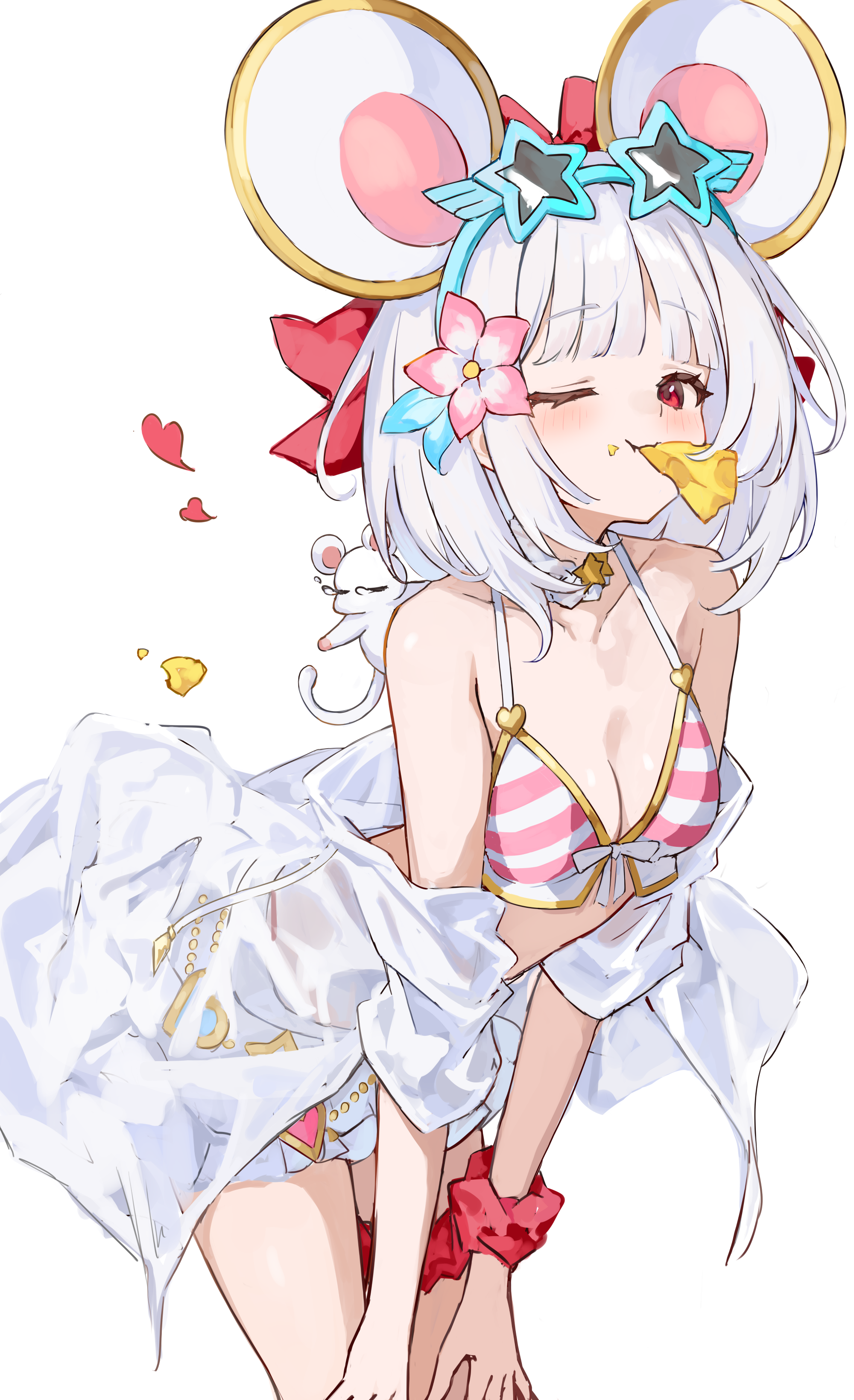 shiro wa (shiroshironix), vikala (blooming summer wallflower) (granblue fantasy), vikala (granblue fantasy), granblue fantasy, absurdres, commentary request, highres, 1girl, animal ears, bare shoulders, bikini, blue-framed eyewear, breasts, cheese, cleavage, diagonal-striped bikini, diagonal-striped clothes, eyewear on head, fake animal ears, food, leaning forward, looking at viewer, medium breasts, mouse ears, off shoulder, official alternate costume, one eye closed, open mouth, red eyes, scrunchie, short hair, simple background, smile, star-shaped eyewear, star (symbol), striped bikini, striped clothes, swimsuit, white background, white hair, wrist scrunchie