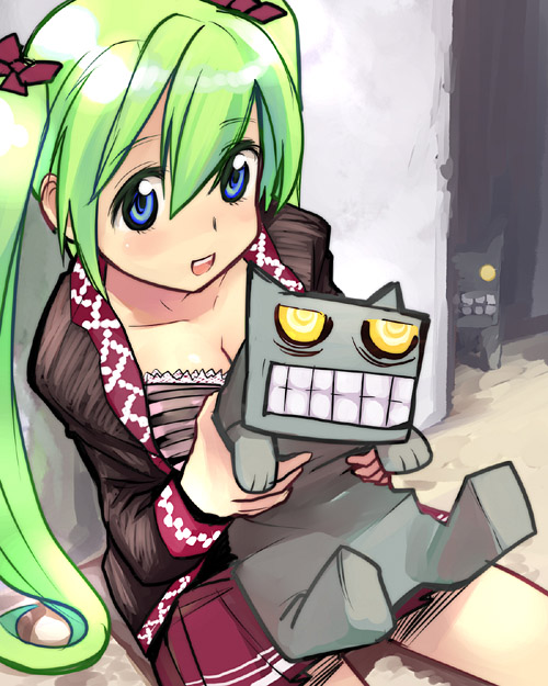 sanae (satansanae), hatsune miku, original, vocaloid, blue eyes, cat, green hair, solo, twintails