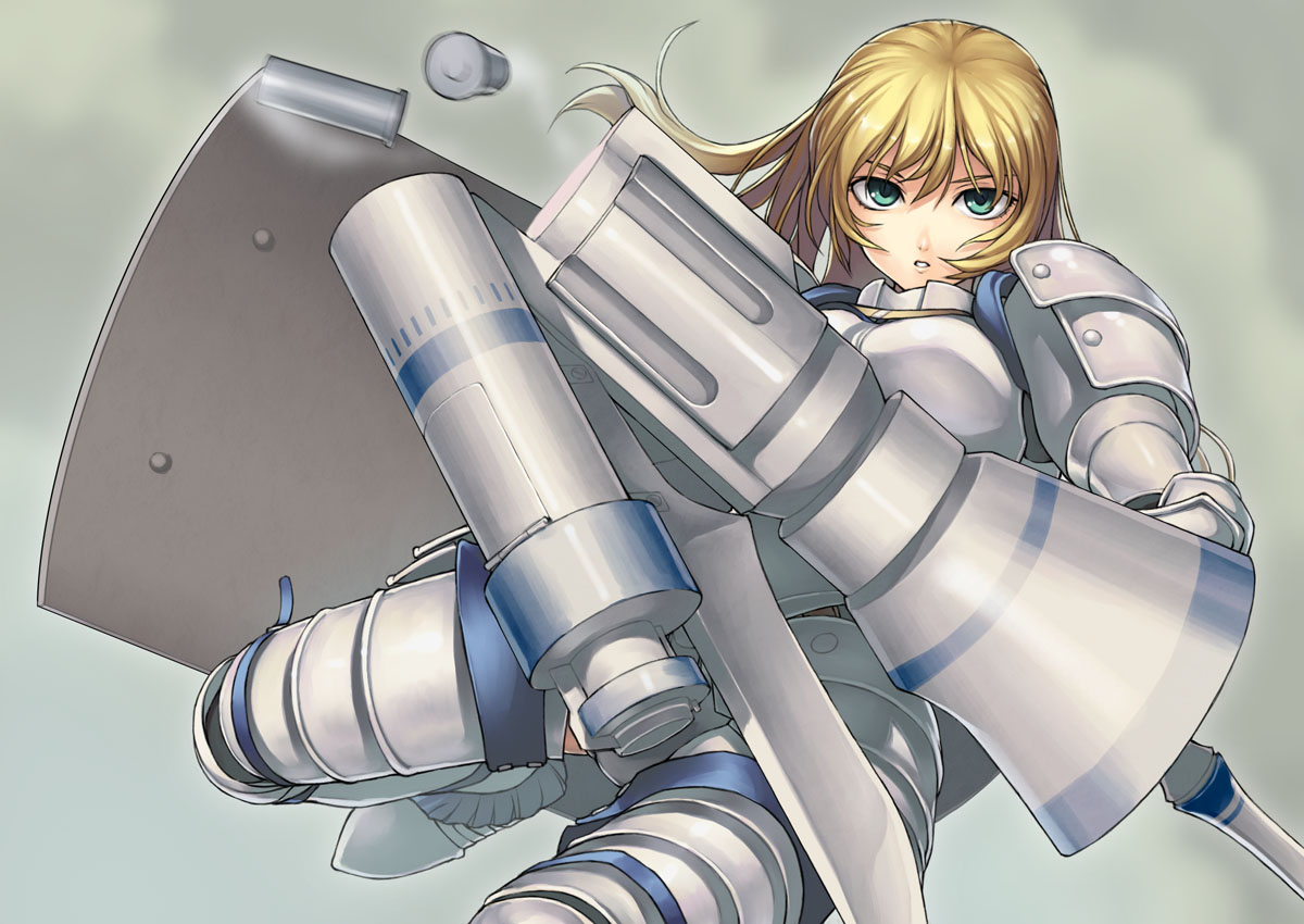 tanaka shoutarou, capcom, monster hunter (series), armor, blonde hair, green eyes, gun, shell casing, shield, solo, weapon
