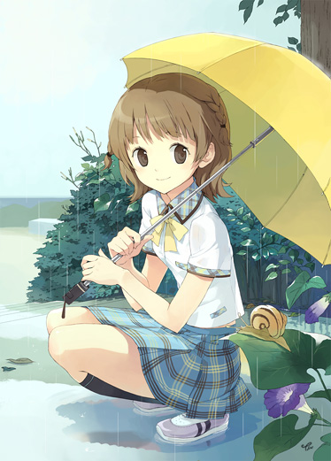 tiv, shin ji-won, annyeong we are peanuts, official art, 1girl, braid, brown eyes, brown hair, female focus, flower, kneehighs, morning glory, plaid clothes, plaid skirt, rain, ribbon, school uniform, serafuku, short hair, skirt, snail, socks, solo, umbrella