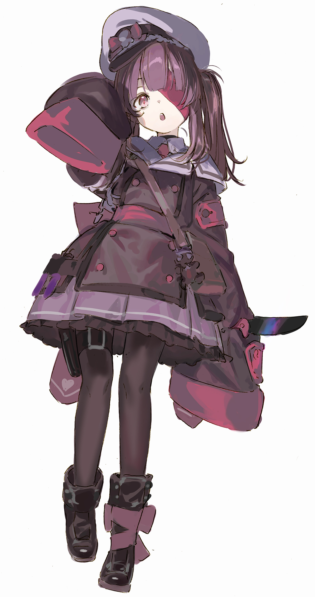 pako (pakosun), fallenshadow, indie virtual youtuber, highres, 1girl, :o, alternate costume, black dress, black pantyhose, black shoes, brown eyes, brown hair, dress, fallenshadow (military), full body, hand up, hat, long hair, looking at viewer, one eye covered, pantyhose, shoes, short dress, simple background, sleeves past fingers, sleeves past wrists, solo, twintails, virtual youtuber, white background, white hat