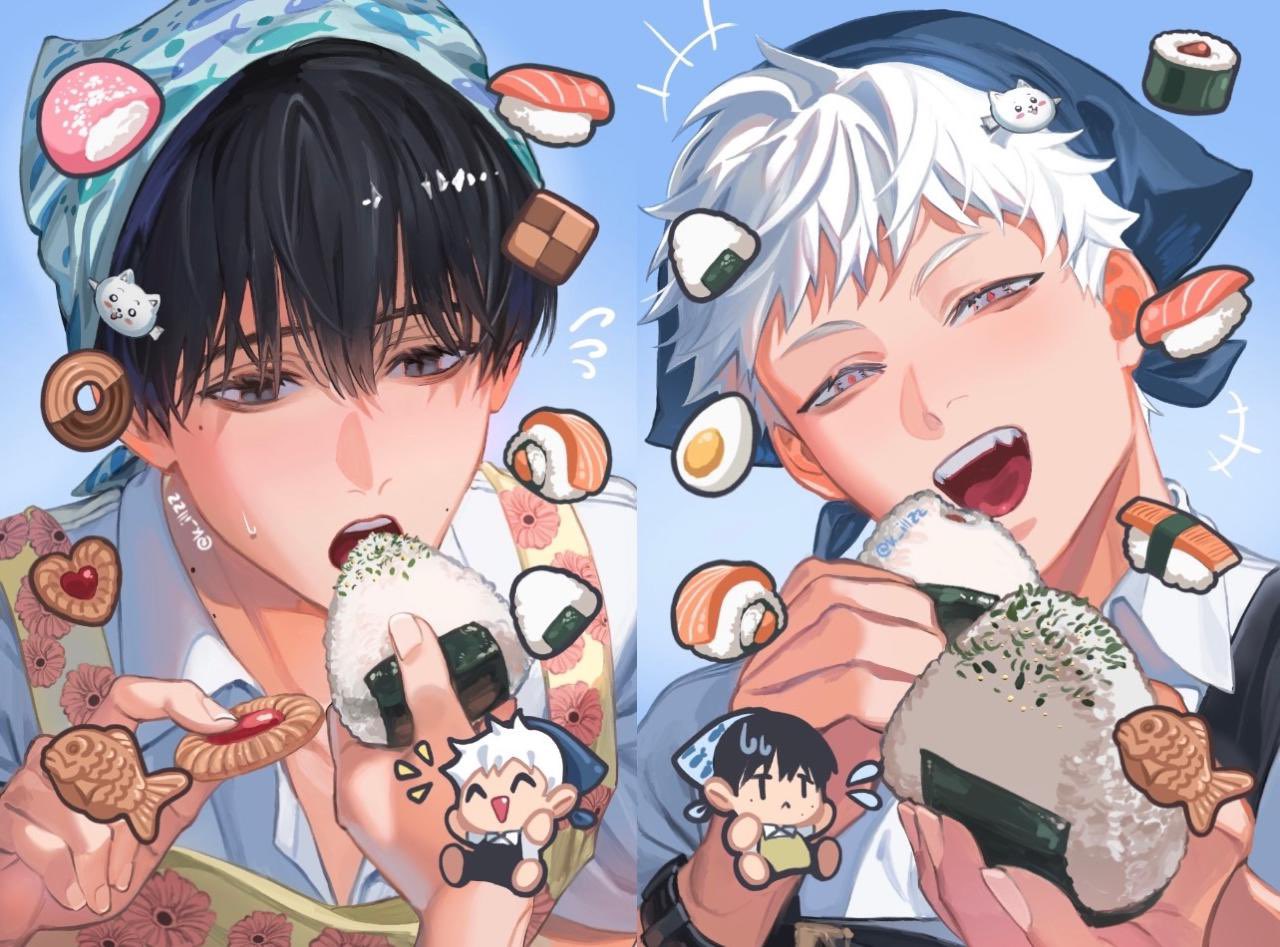 zaire, indou hikaru, tsujinaka yoshiki, hikaru ga shinda natsu, 2boys, black hair, chibi, collared shirt, eating, food, hair between eyes, makizushi, male focus, mole, mole on cheek, mole on neck, mole under eye, multiple boys, multiple moles, official alternate costume, onigiri, open mouth, red pupils, shirt, short hair, sushi, teeth, tongue, upper body, upper teeth only, watch, white hair, white shirt, wristwatch