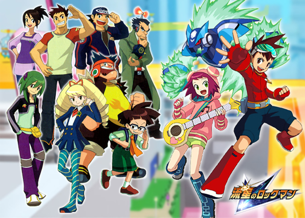 aaron boreal (mega man), bob copper (mega man), bud bison (mega man), geo stelar (mega man), hope stelar (mega man), kelvin stelar (mega man), luna platz (mega man), omega-xis (mega man), patrick sprigs (mega man), sonia strumm (mega man), zack temple (mega man), capcom, mega man (series), mega man star force (series), mega man star force 1, official art, 00s, 3girls, 6+boys, drill hair, multiple boys, multiple girls, pantyhose, smile