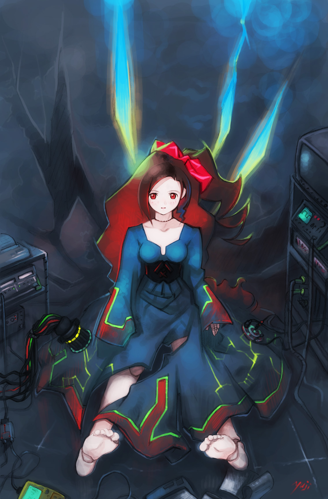 kobayashi yuji, highres, tagme, 1girl, barefoot, blue dress, bow, breasts, brown hair, cable, choker, collarbone, crt, doll joints, dress, female focus, forehead, joints, looking at viewer, medium breasts, ponytail, red bow, red eyes, sidelocks, sitting, solo, television, torn clothes, torn dress