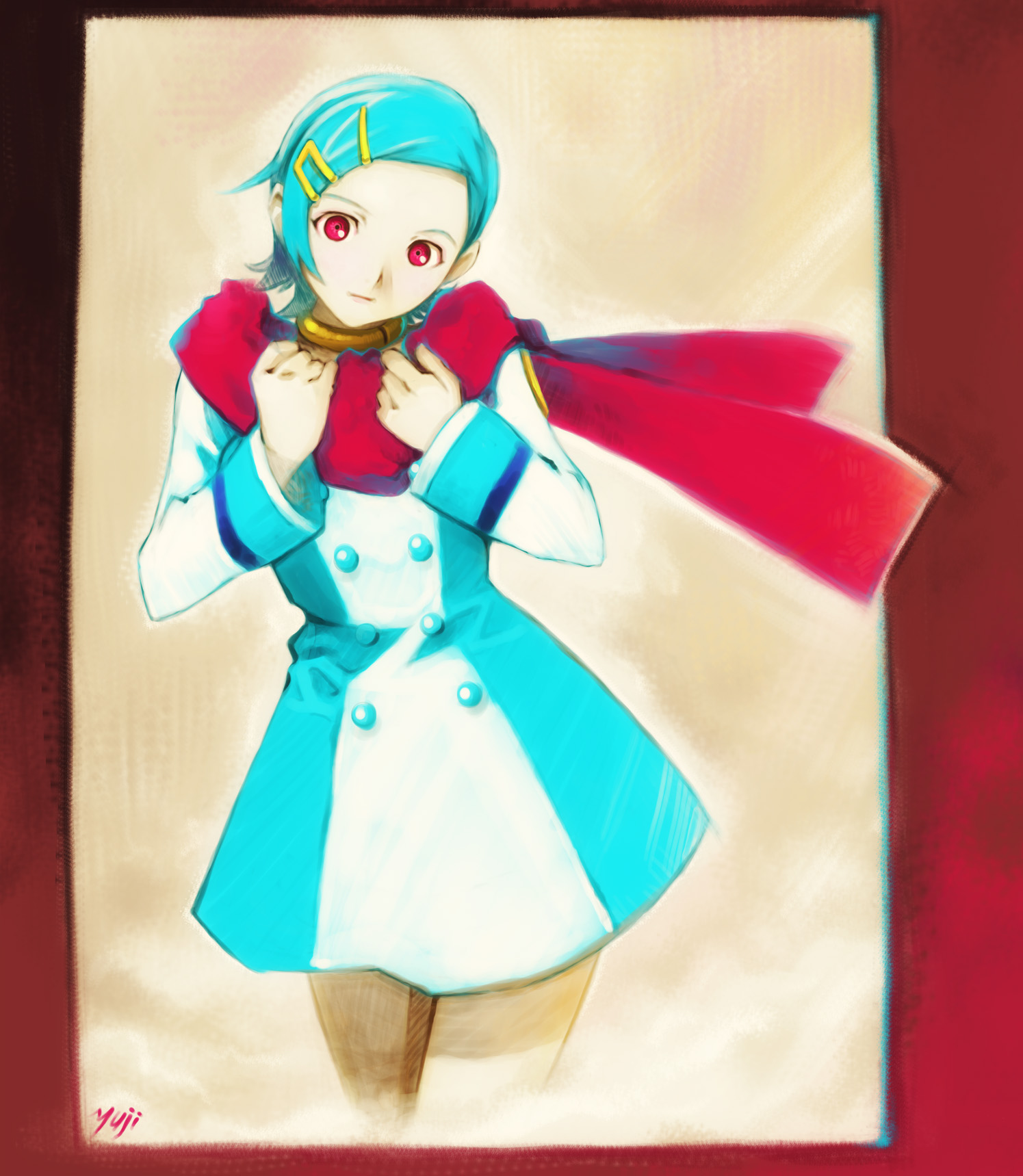 kobayashi yuji, eureka (eureka seven), eureka seven, eureka seven (series), highres, 00s, 1girl, aqua eyes, border, buttons, dress, female focus, hair ornament, hairclip, head tilt, jewelry, looking at viewer, necklace, pink eyes, scarf, short dress, short hair, signature, smile, solo, standing, swept bangs