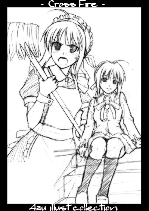 azu, artoria pendragon (fate), saber (fate), fate/stay night, fate (series), 00s, 1girl, english text, female focus, greyscale, maid, monochrome, school uniform, solo