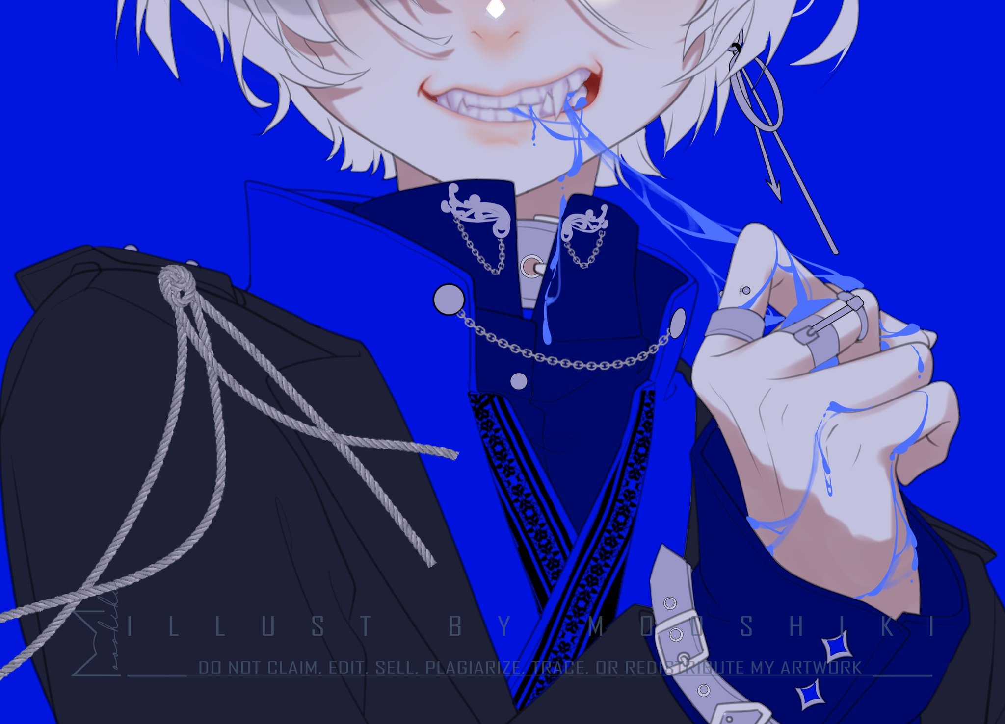 original, hashtag-only commentary, highres, 1boy, ambiguous blue liquid, artist name, black jacket, blue background, blue theme, clenched teeth, eyes out of frame, facing viewer, fangs, hand up, head out of frame, jacket, long sleeves, male focus, mooshiki, short hair, simple background, solo, teeth, upper body, white hair