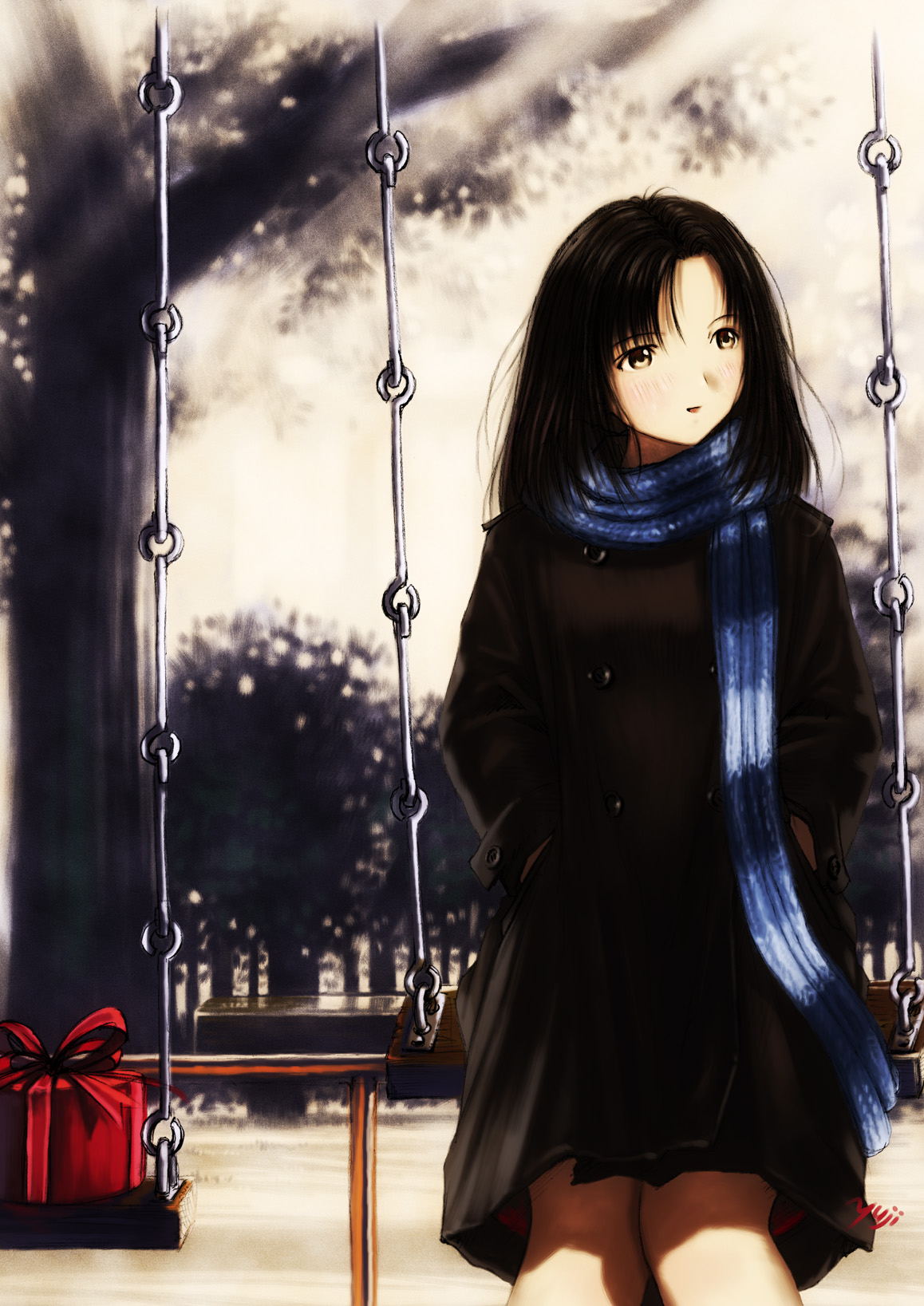 kobayashi yuji, original, highres, tagme, 1girl, black hair, blue scarf, box, brown eyes, dot nose, female focus, gift, gift box, hacker, long sleeves, looking to the side, medium hair, open mouth, parted bangs, playground, pleated skirt, scarf, sitting, skirt, sky, solo, straight hair, striped clothes, striped scarf, swing, tree