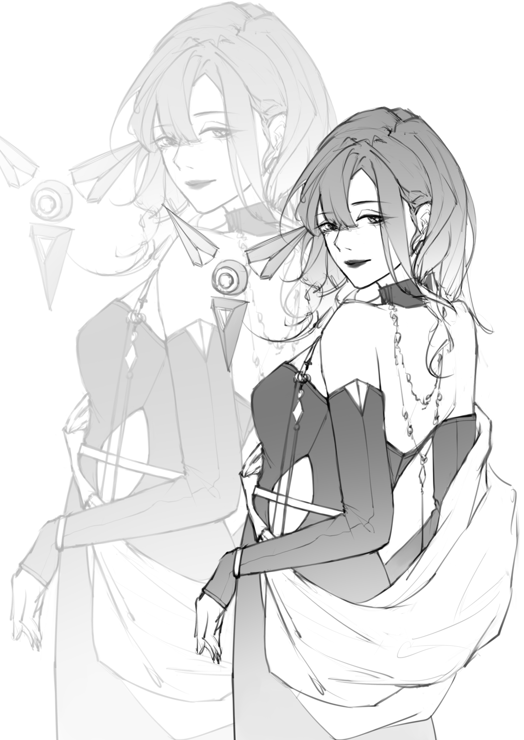 shalom (city never sleeps) (path to nowhere), shalom (path to nowhere), path to nowhere, absurdres, chinese commentary, commentary request, highres, 1girl, bare back, bare shoulders, choker, clothing cutout, detached sleeves, dress, from behind, gradient hair, greyscale, hair between eyes, looking at viewer, looking back, median furrow, medium hair, midwinterletter, monochrome, multicolored hair, official alternate costume, schorl (path to nowhere), shawl, side cutout, simple background, sleeves past wrists, solo, strapless, strapless dress, upper body, zoom layer