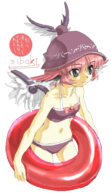 shiba itsuki, mystia lorelei, touhou, bad id, bad pixiv id, 1girl, bikini, female focus, hat, pink hair, short hair, simple background, solo, swimsuit, white background, wings