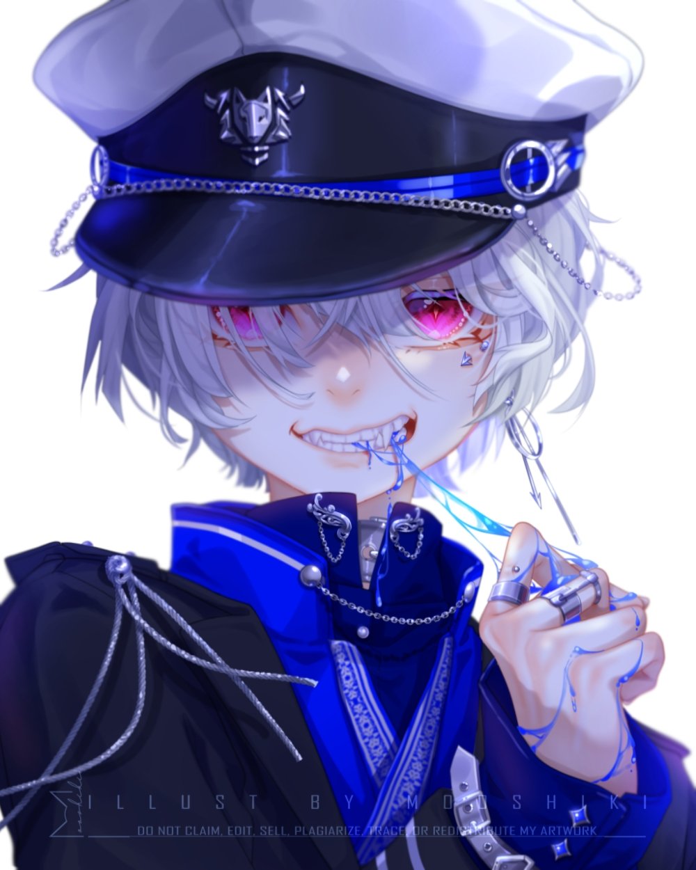 original, commentary, english commentary, highres, 1boy, ambiguous blue liquid, artist name, black jacket, blue jacket, clenched teeth, fangs, hair between eyes, hair over one eye, hand up, hat, jacket, long sleeves, looking at viewer, male focus, mooshiki, multicolored jacket, peaked cap, pink eyes, short hair, simple background, solo, straight-on, teeth, two-tone jacket, upper body, white background, white hair, white hat