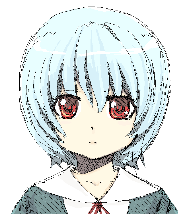 weshika, ayanami rei, neon genesis evangelion, blue hair, pale skin, red eyes, school uniform, serafuku, short hair, sketch, solo