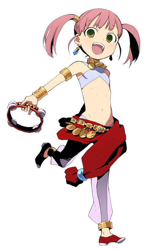 takenashi eri, bard (sekaiju), bard 2 (sekaiju), atlus, etrian odyssey, anklet, armband, bandeau bikini, bracelet, flat chest, green eyes, jewelry, pink hair, solo, twintails