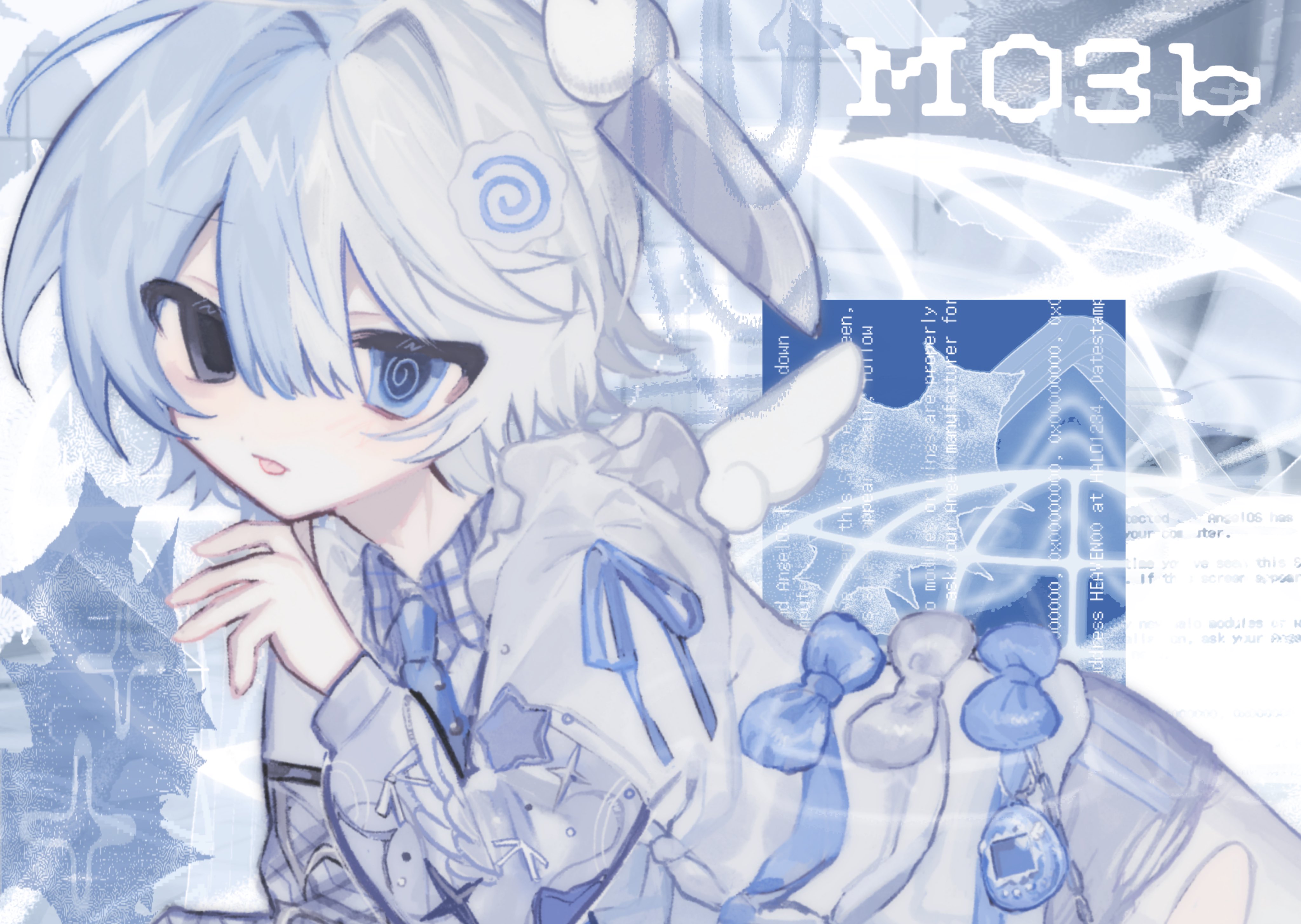 nemachi, original, absurdres, highres, 1boy, @ @, animal ears, black eyes, blue bow, blue eyes, blue hair, blue necktie, bow, collared shirt, hair ornament, heterochromia, long sleeves, looking at viewer, male focus, necktie, pale skin, rabbit ears, rabbit hair ornament, shirt, short hair, solo, white hair, white shirt, wings