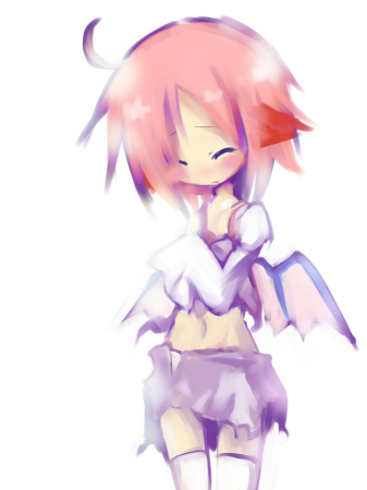 kuroneko no toorimichi, mystia lorelei, touhou, bad id, bad pixiv id, lowres, 1girl, chibi, female focus, pink hair, solo, standing, thighhighs, white background, wings