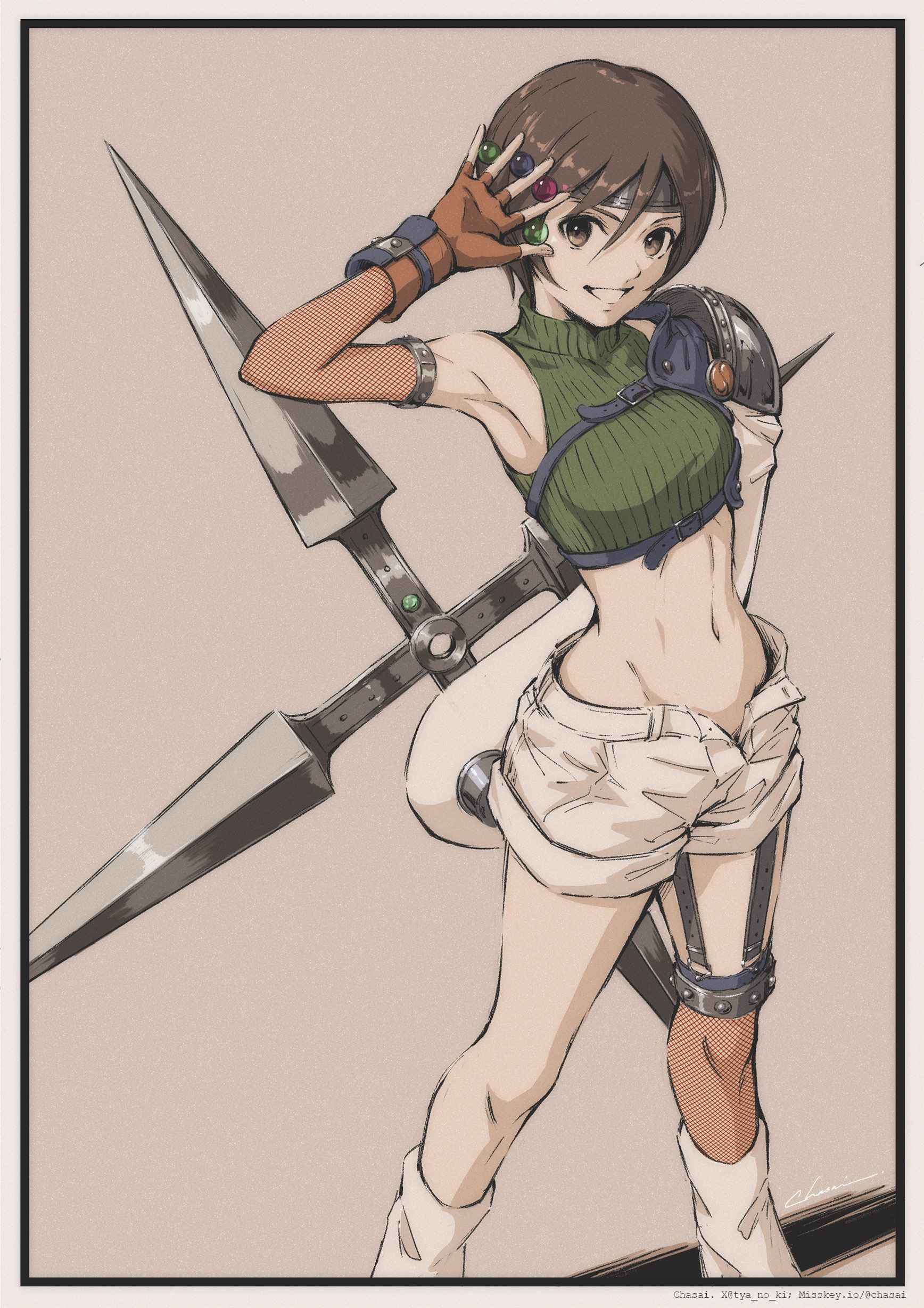 tyanoki, yuffie kisaragi, final fantasy, final fantasy vii, absurdres, highres, 1girl, armor, armpits, asymmetrical sleeves, breasts, brown eyes, brown hair, crop top, cropped sweater, fingerless gloves, fishnet leggings, fishnet sleeves, fishnets, forehead protector, gloves, green sweater, headband, holding, holding shuriken, holding weapon, materia, midriff, navel, open fly, orange gloves, pauldrons, short hair, shorts, shoulder armor, shuriken, single pauldron, single shoulder pad, sleeveless, sleeveless turtleneck, small breasts, smile, sweater, turtleneck, uneven sleeves, weapon