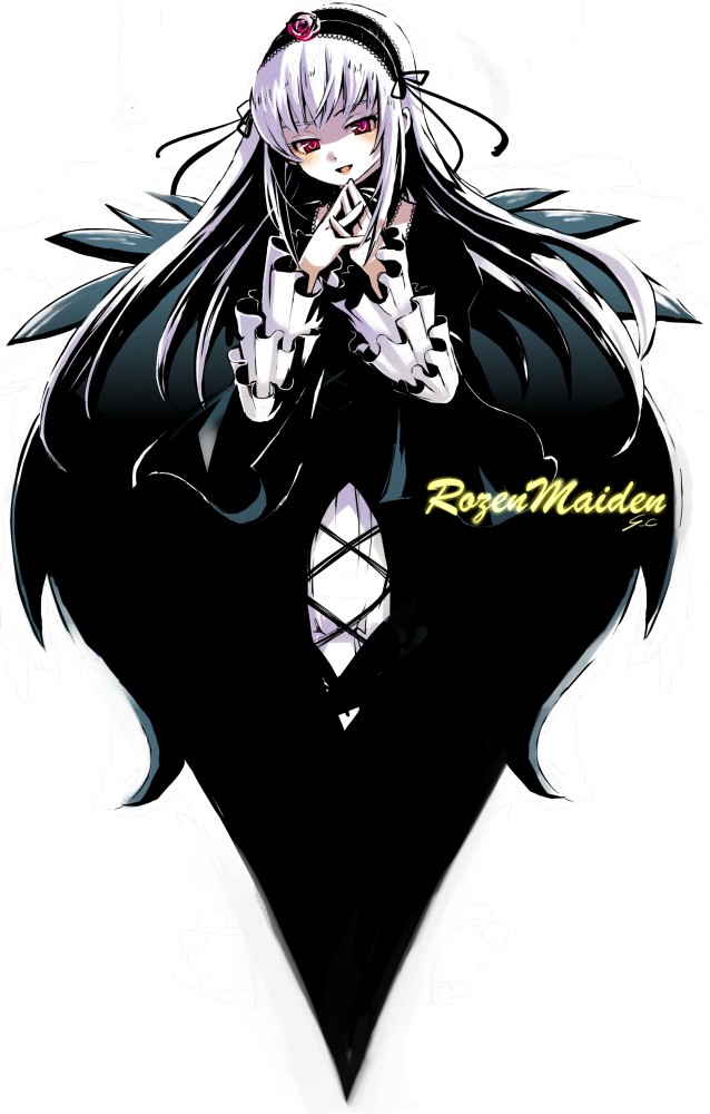 chiba sadoru, sencha, suigintou, rozen maiden, 00s, dress, goth fashion, hairband, long hair, pale skin, red eyes, solo, white hair, wings