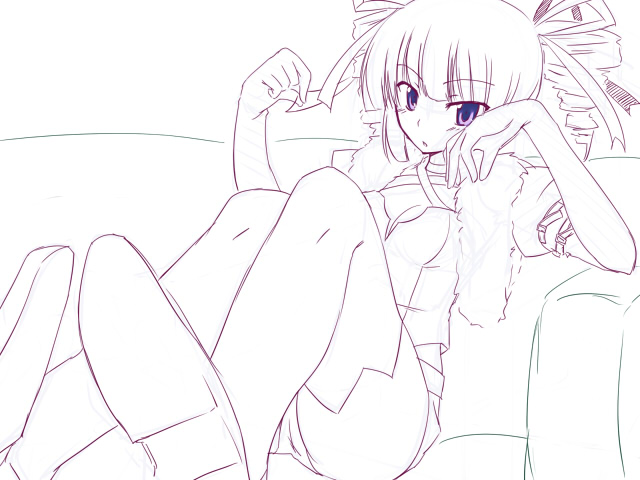 nagami yuu, dark hunter, dark hunter (sekaiju), dark hunter 4, atlus, etrian odyssey, 1girl, drill hair, female focus, monochrome, purple eyes, purple theme, reclining, solo