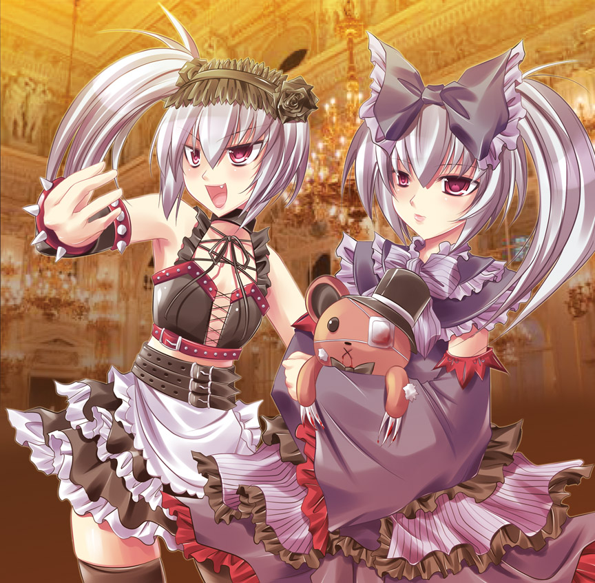 maki (seventh heaven maxion), original, bad id, bad pixiv id, 2girls, armpits, blood, bow, fang, goth fashion, multiple girls, purple hair, red eyes, side ponytail, spikes, stuffed animal, stuffed toy, teddy bear, thighhighs, twintails