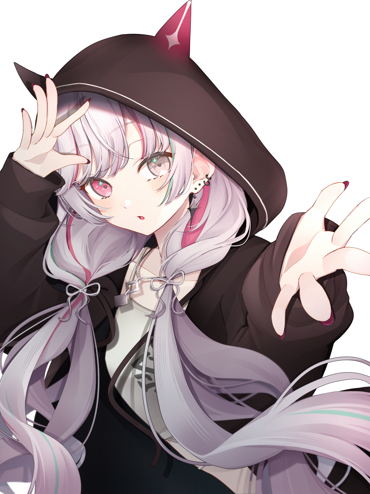 yu-ki (user dttw2327), ishigami nozomi, ishigami nozomi (2nd costume), nijisanji, highres, 1girl, black jacket, earrings, grey eyes, grey hair, heterochromia, hood, hood up, hooded jacket, jacket, jewelry, long hair, looking at viewer, multicolored hair, pink eyes, pink hair, red nails, shirt, solo, streaked hair, upper body, virtual youtuber, white background