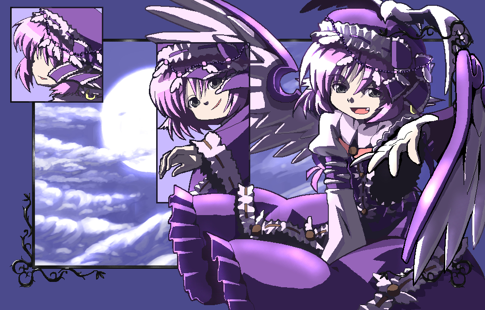 shiba itsuki, mystia lorelei, touhou, bad id, bad pixiv id, 1girl, cloud, fang, female focus, moon, multiple views, night, outdoors, purple hair, sky, wings