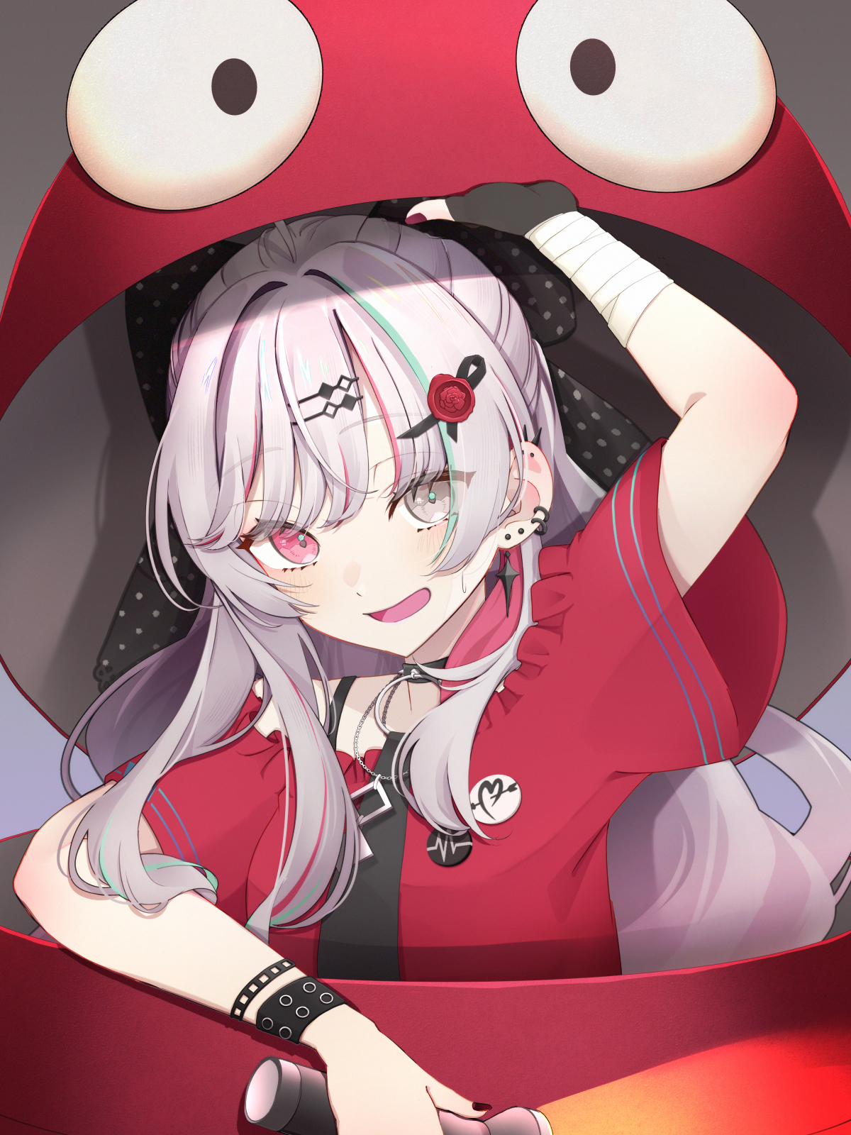 yu-ki (user dttw2327), ishigami nozomi, ishigami nozomi (1st costume), nijisanji, highres, 1girl, bandaged wrist, bandages, black gloves, black necktie, bow, choker, fingerless gloves, gloves, grey eyes, grey hair, heterochromia, jewelry, long hair, multicolored hair, necktie, off shoulder, open mouth, pink eyes, polka dot, polka dot bow, red shirt, shirt, solo, spiked choker, spikes, virtual youtuber